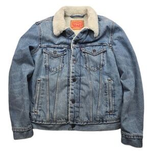 Levi Strauss Denim Sherpa Trucker Jacket Mens Small Blue‎ Faded Light Wash